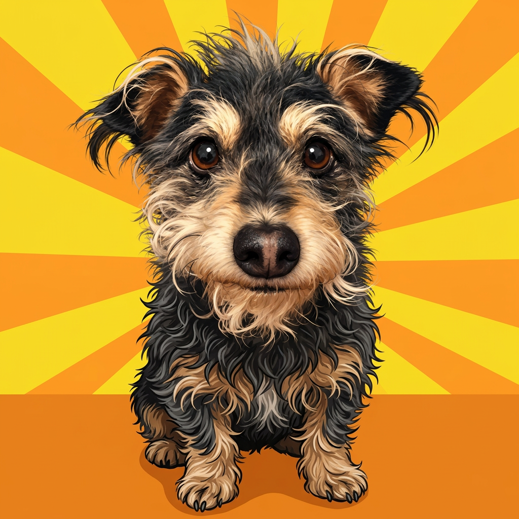 Banksy, the scruffy black-and-tan wire hair terrier, sitting in front of a sunburst background