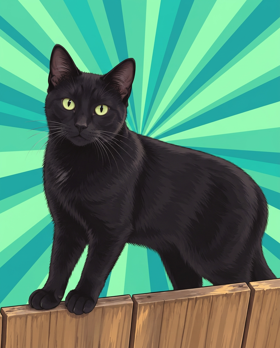 Longjohn, a sleek black cat with green eyes, standing on a fence against a teal sunburst