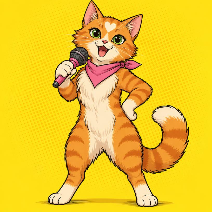 Lucy, an orange tabby with a white heart-shaped mark on her forehead, holding a toy microphone
