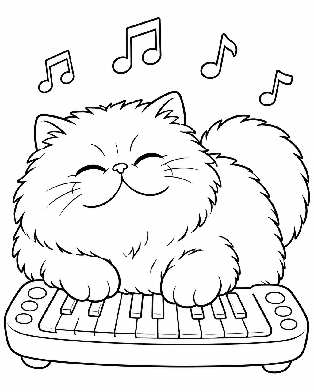Coloring page: Biscuit the round Persian cat lying across a toy keyboard