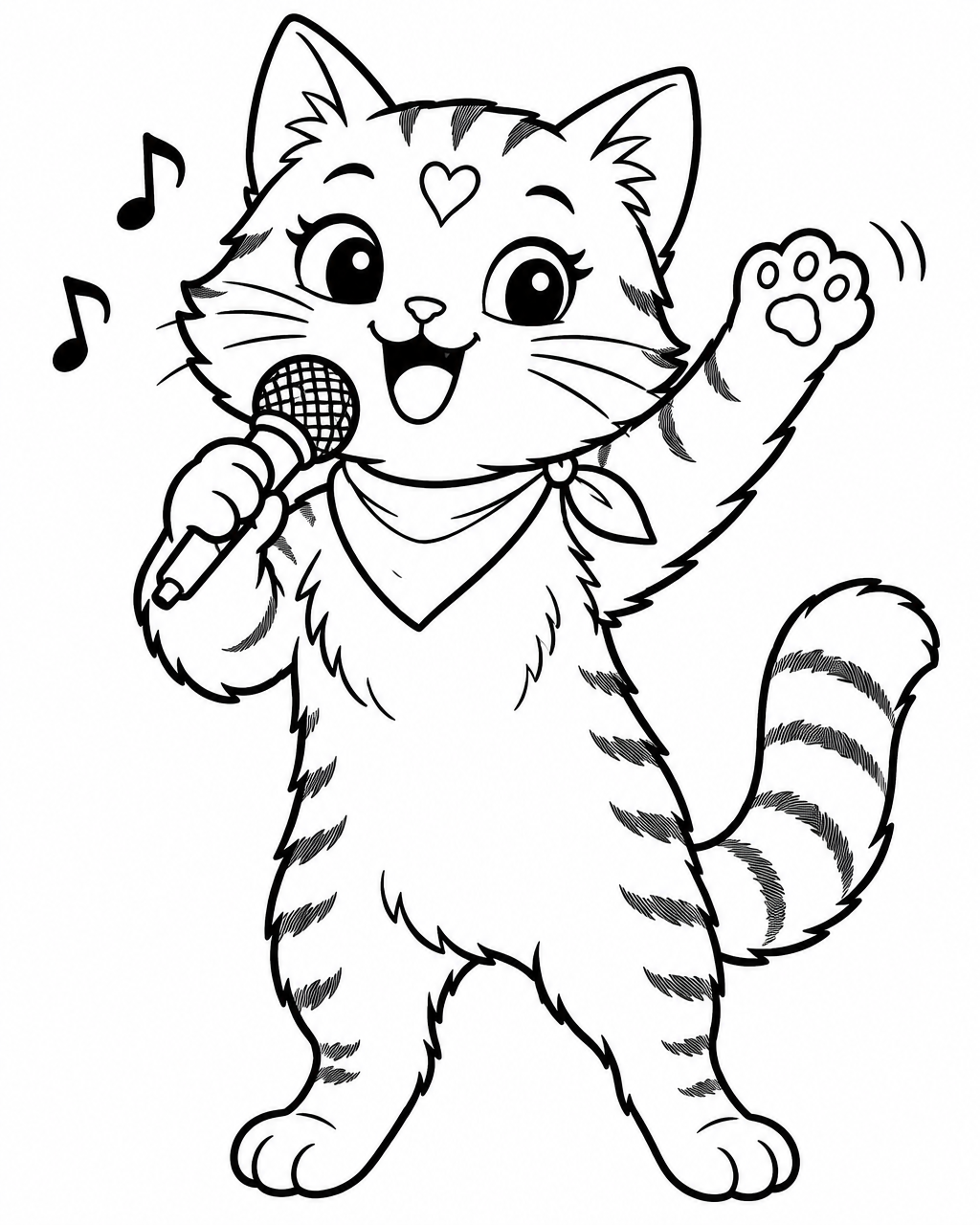 Coloring page: Lucy the orange tabby singing into a toy microphone