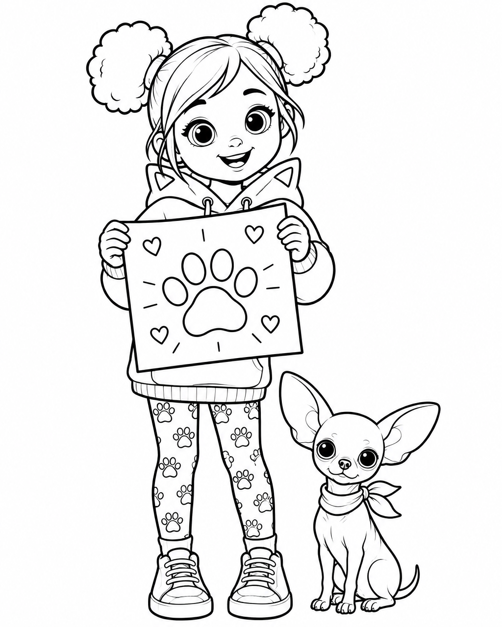 Coloring page: Marisha holding a handmade concert poster with Burrito the chihuahua beside her