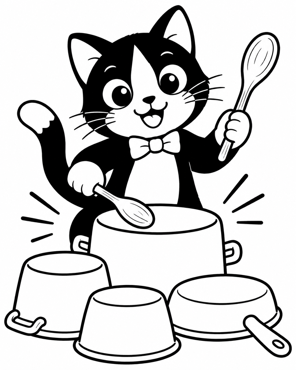 Coloring page: Miles the tuxedo cat drumming on pots and pans
