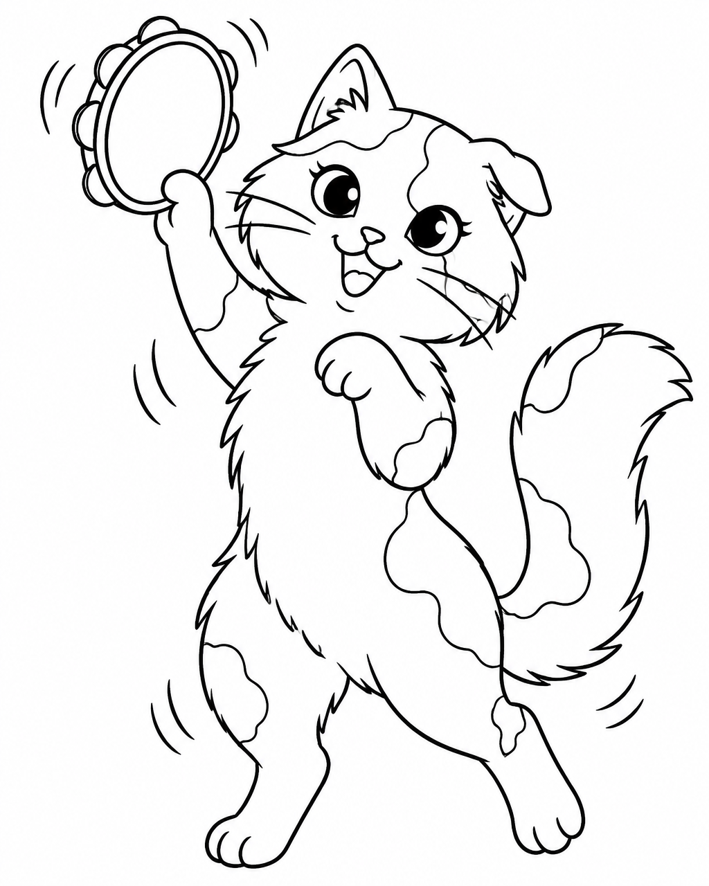 Coloring page: Olive the calico cat shaking a tambourine
