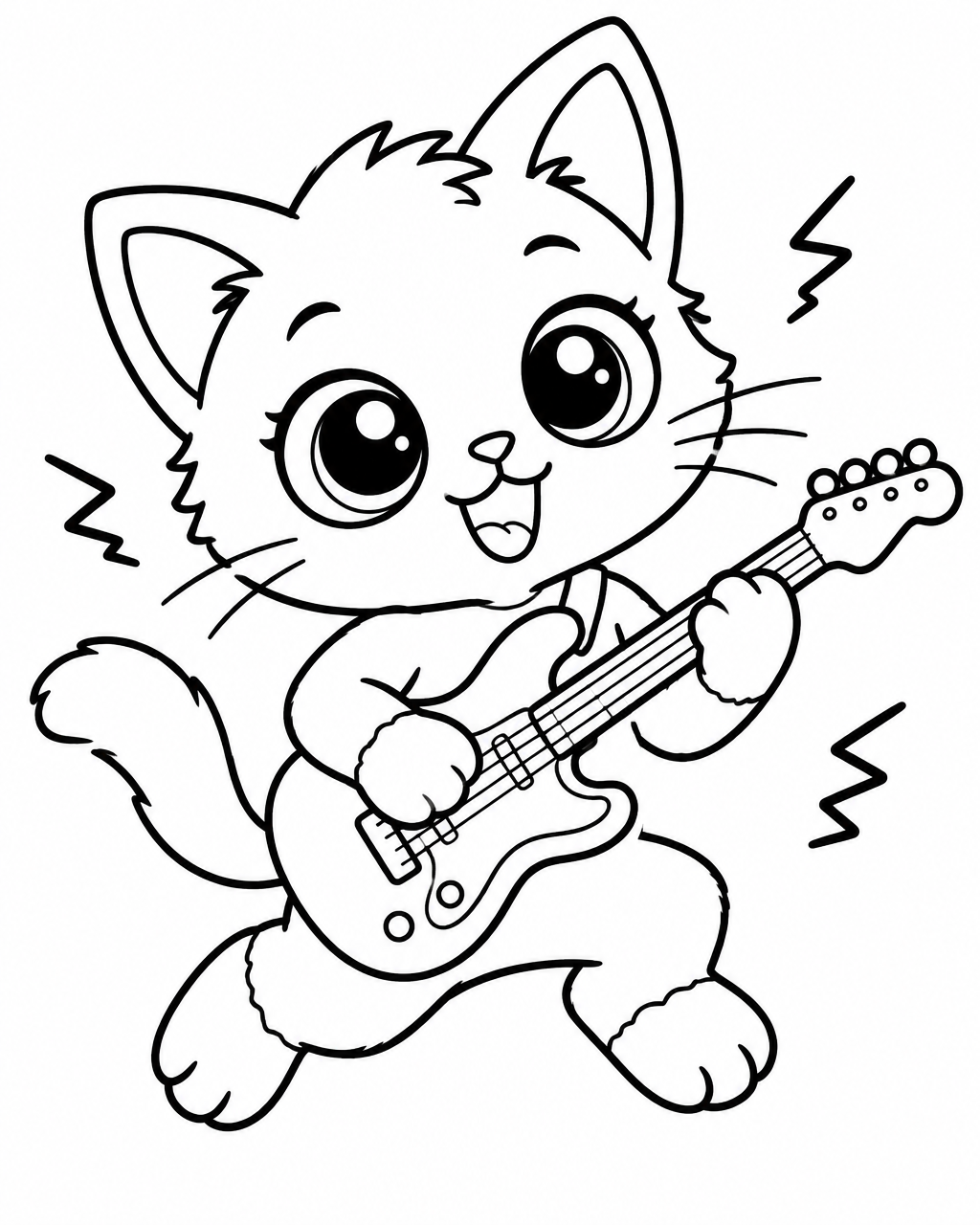 Coloring page: Pip the tiny kitten jumping with a toy electric guitar