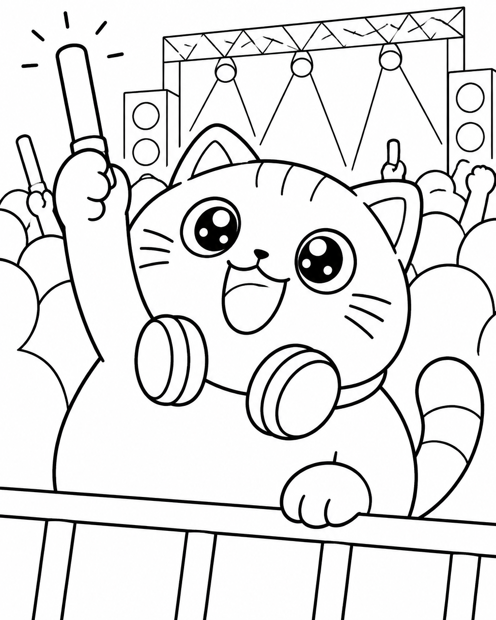 Coloring page: Tofu the round cat cheering in the front row with a glow stick