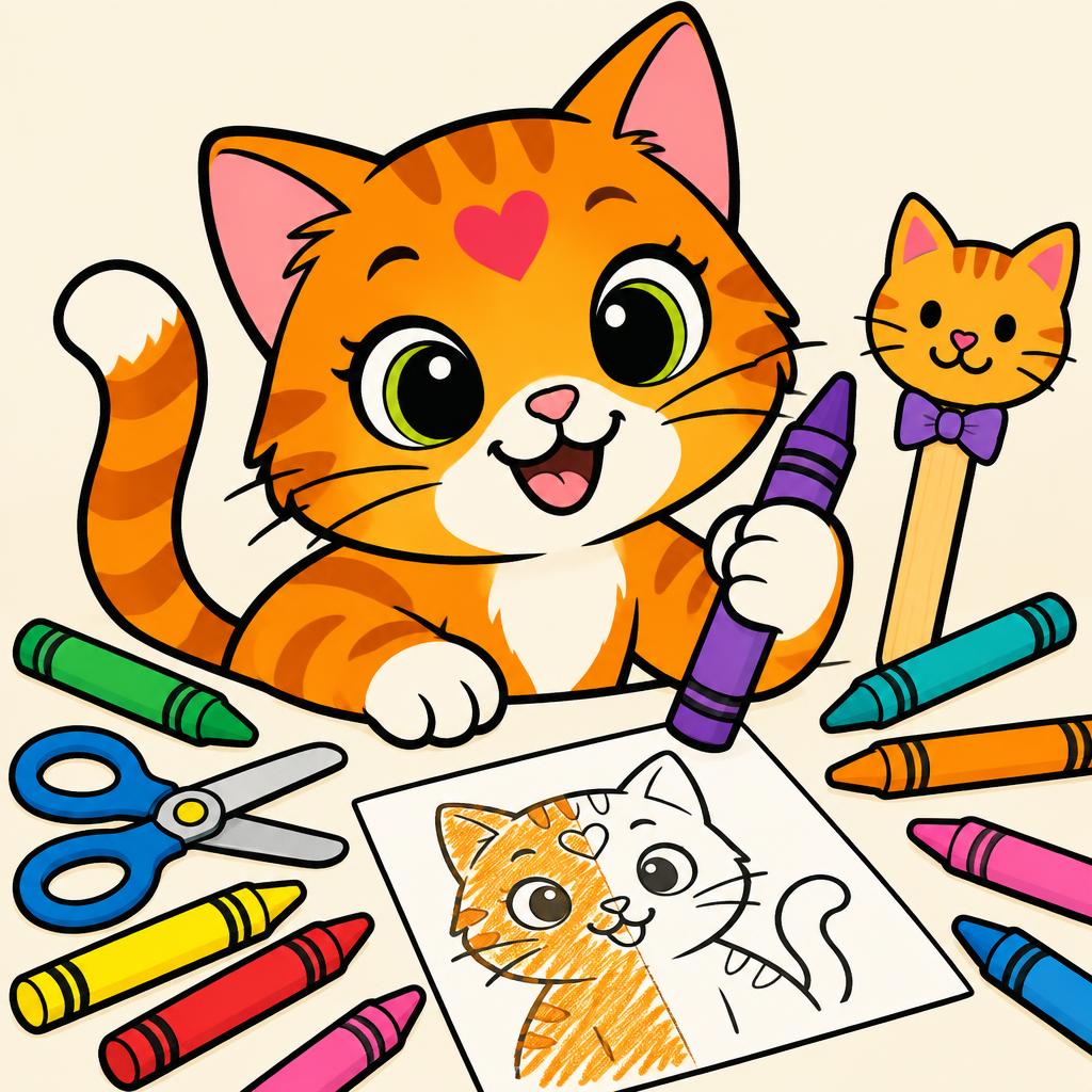 Lucy the orange tabby holding a big crayon beside scissors, a popsicle-stick cat puppet and a half-colored drawing