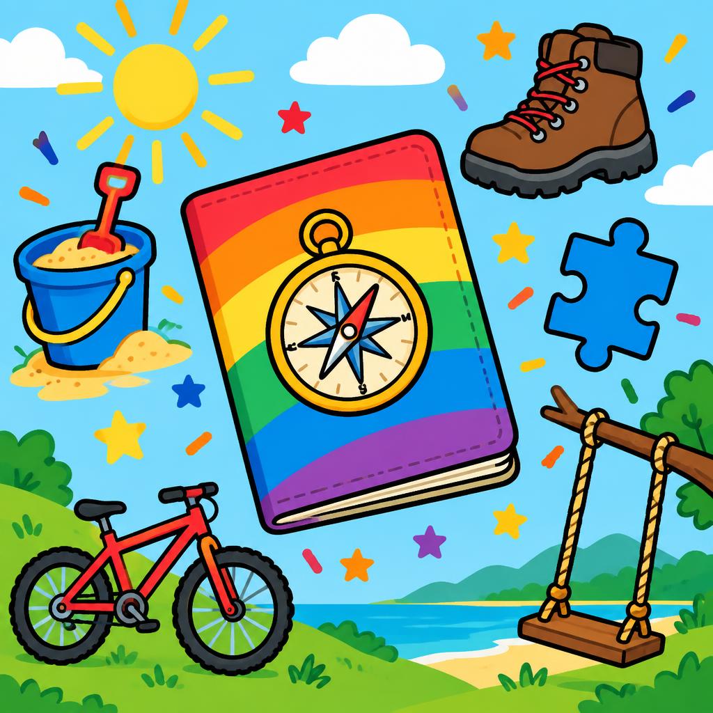 A rainbow passport with a compass on the cover, surrounded by a beach bucket, hiking boot, puzzle piece, bicycle and a swing