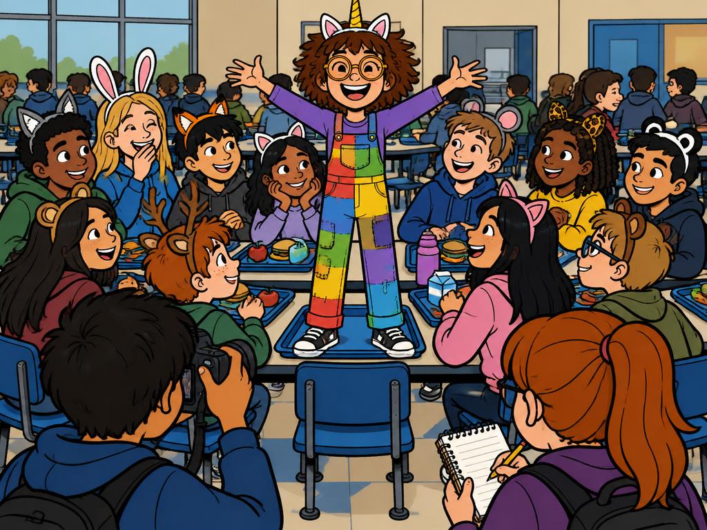 Two kid reporters with a camera and a notebook photographing a packed cafeteria table of kids in animal ear headbands, Azalea standing on her chair in unicorn ears with her arms wide