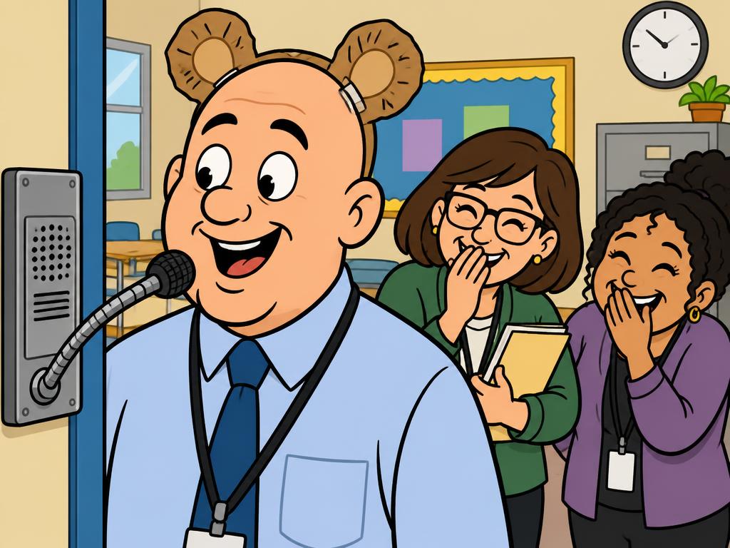 The bald principal at the classroom intercom microphone wearing brown paper bear ears, two office helpers laughing behind him