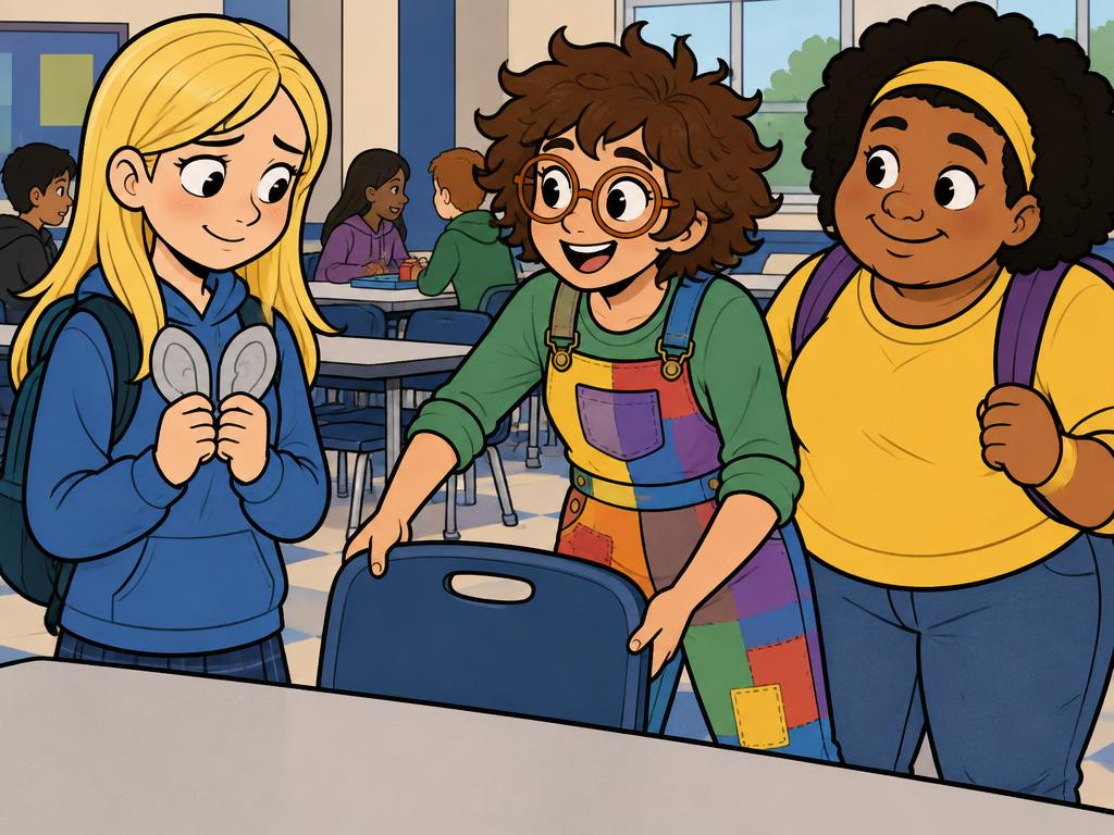 Peyton standing at the cafeteria table holding plain grey paper ears while Azalea slides an empty chair toward her and Nia smiles