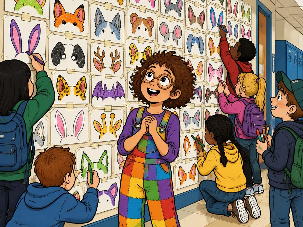 A school hallway wall covered in dozens of kid-drawn paper ear designs taped in rows, kids adding more with markers, Azalea in the middle looking amazed
