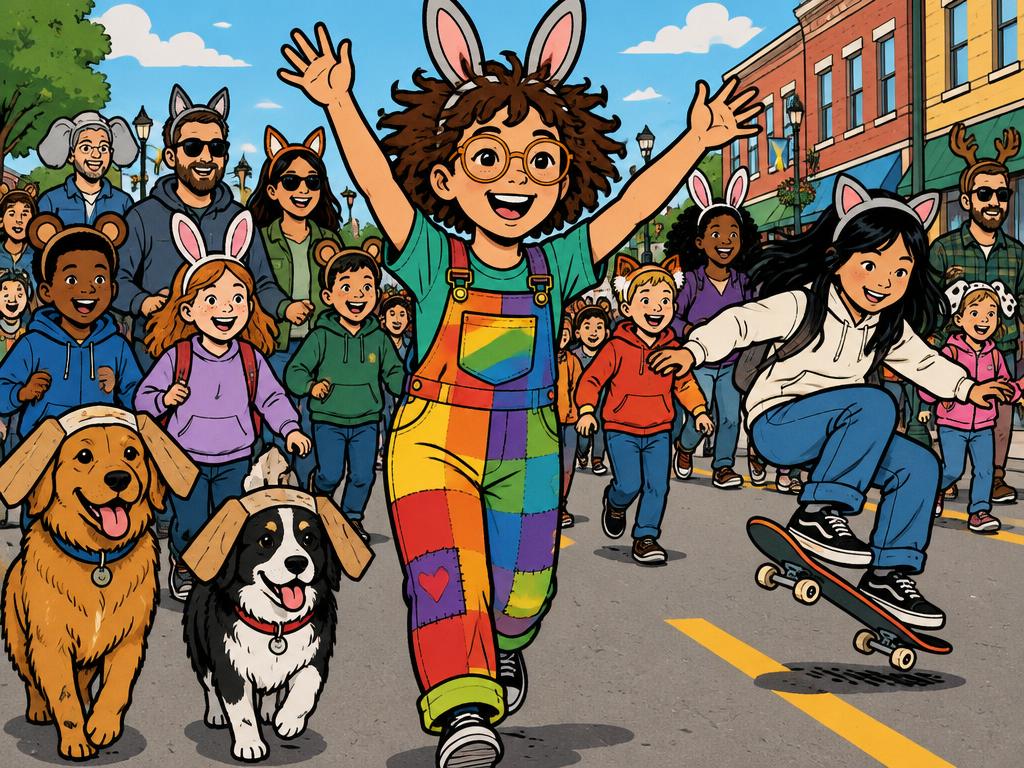 A small-town main street parade of kids and grown-ups in animal ear headbands with two dogs in paper ears, Junie popping a skateboard trick, Azalea leading with both arms up