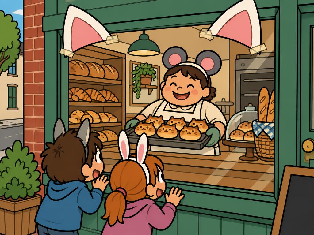 A corner bakery window with big paper cat ears taped above it, the baker inside in mouse ears holding a tray of buns, two kids in ears pressed to the glass