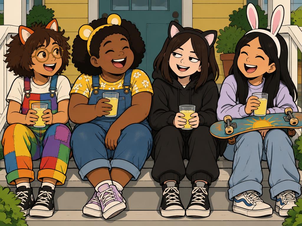 Azalea, Nia, Wren and Junie sitting in a row on sunny front porch steps with lemonade, all in different animal ear headbands, laughing