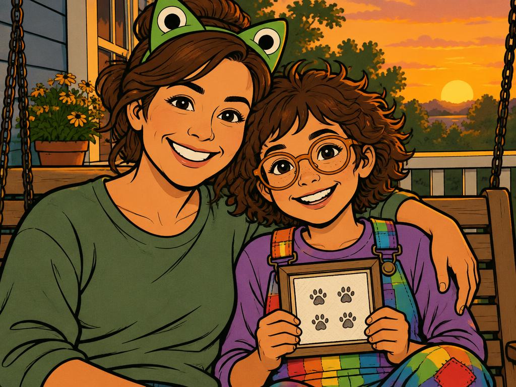 Warm sunset porch swing portrait of Azalea's mom in green frog ears with her arm around Azalea, who holds the framed napkin with four paw prints on it