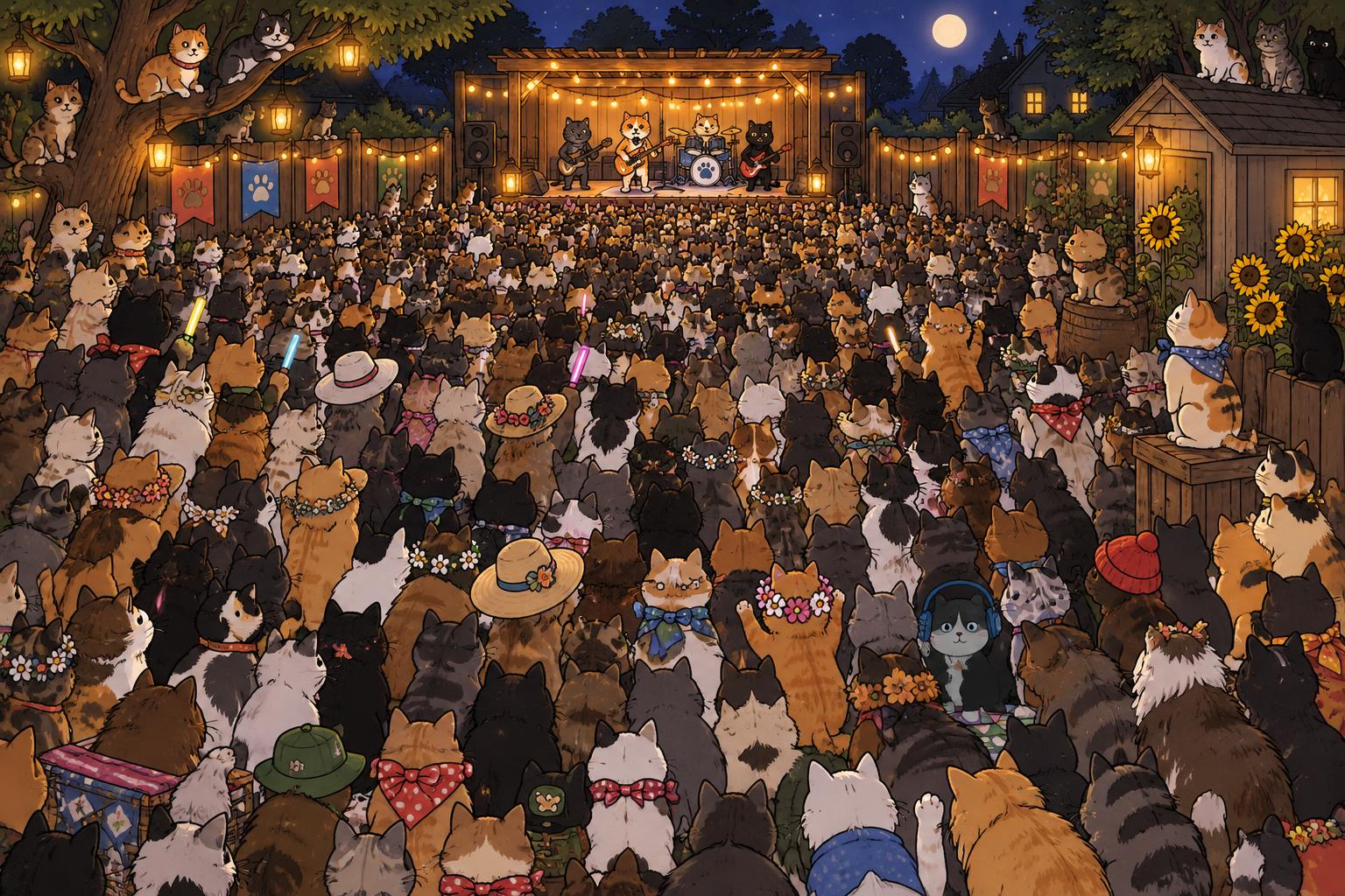 A huge crowd of hundreds of cats at the Heartmarks' backyard concert at night, with Tofu hidden among them