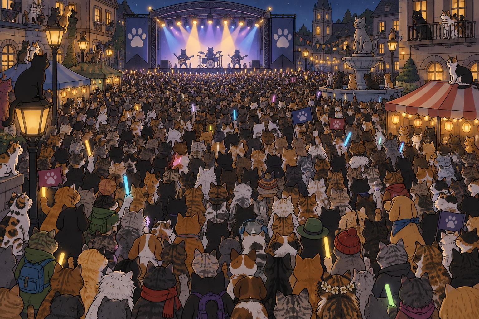 An enormous crowd of cats filling the town square for Burrito's benefit concert, with Tofu hidden deep in the crowd