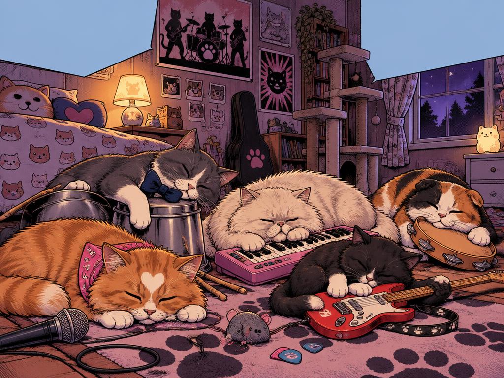 The five exhausted cats collapsed asleep in a pile among their instruments in Marisha's bedroom
