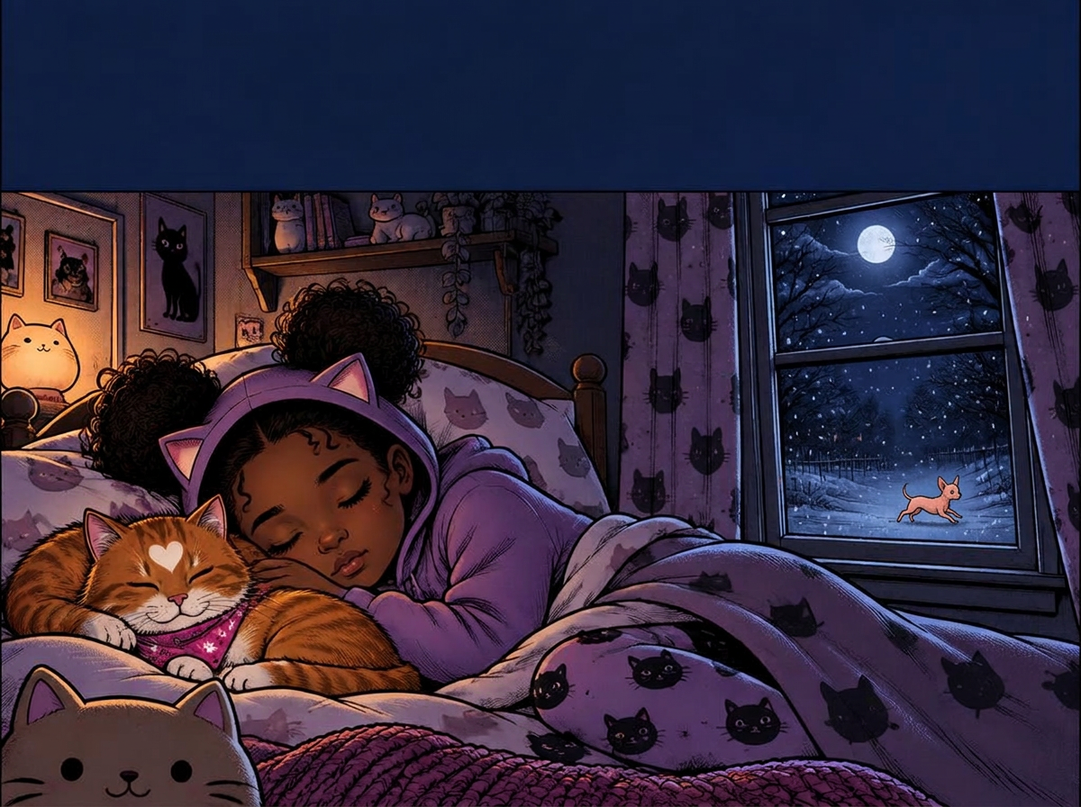 Marisha asleep with Lucy curled on her pillow while far outside the window a small dog runs through the snow