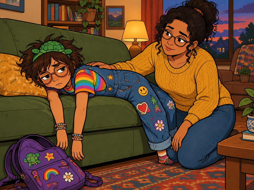 Azalea face down on the couch in the evening with her backpack dumped on the rug, her mom crouched beside her with a hand on her back