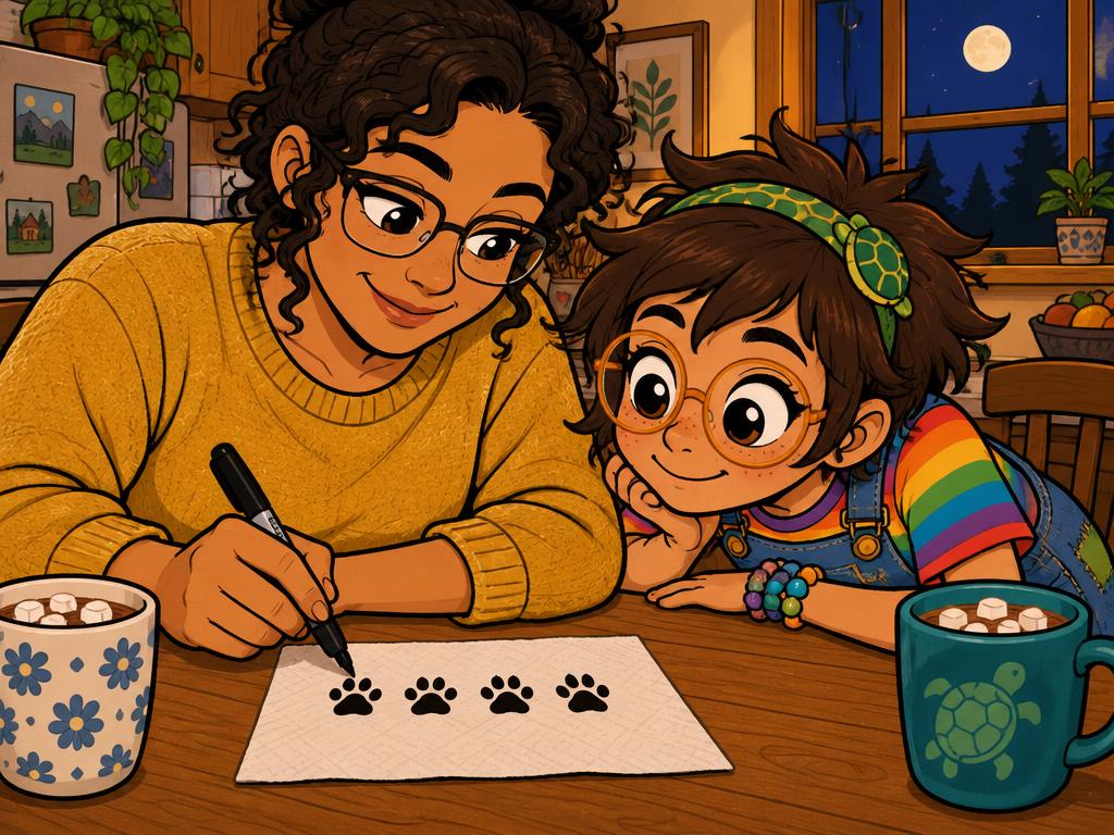 Azalea and her mom at the kitchen table at night with cocoa, her mom drawing four paw prints on a napkin with a marker