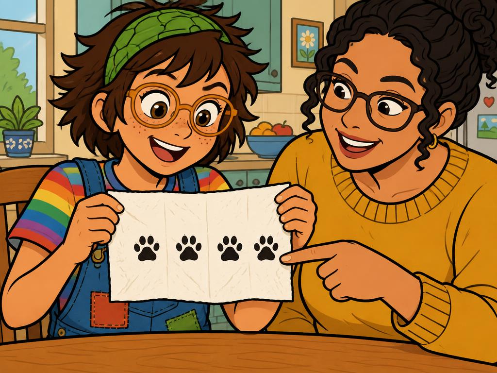 Azalea holding up the paw-print napkin with both hands, grinning, her mom pointing at the last paw print