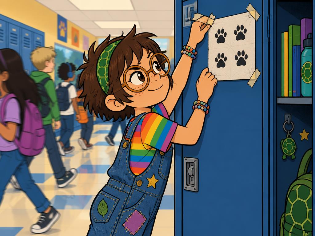 Azalea taping the paw-print napkin to the inside of her open locker door while other kids walk past behind her