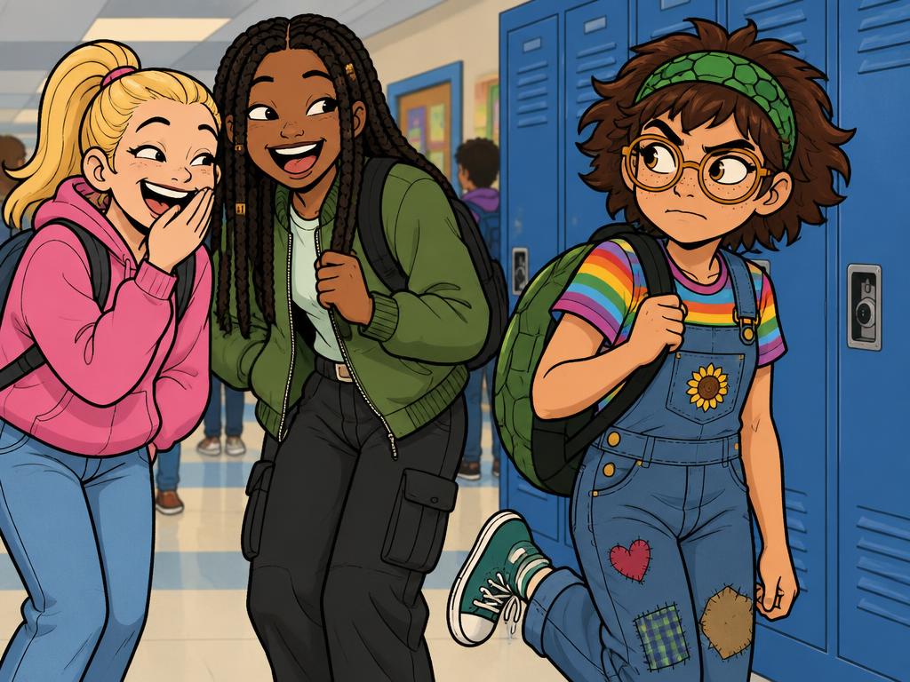 Peyton and Marlowe laughing together by the lockers as Azalea walks past with her backpack, glancing sideways with a hurt look