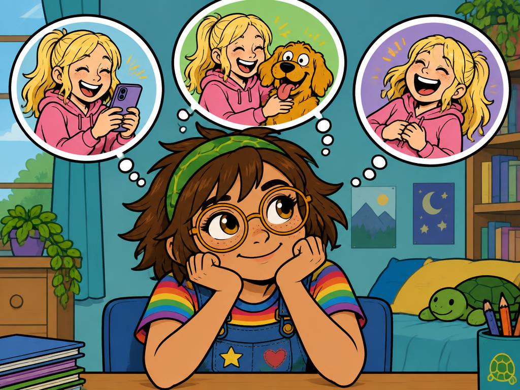 Azalea daydreaming at her bedroom desk with three thought bubbles above her showing Peyton with a phone, Peyton with a dog, and Peyton laughing alone