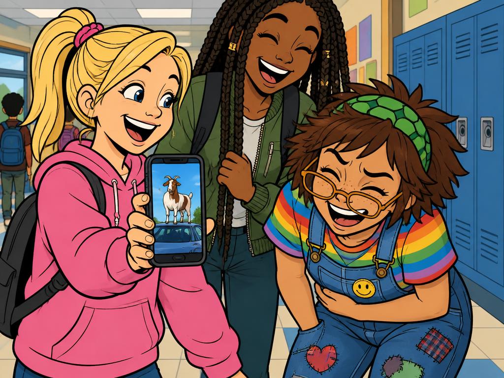 Peyton holding out her phone with a photo of a goat standing on a car roof, Marlowe laughing behind her, Azalea doubled over laughing