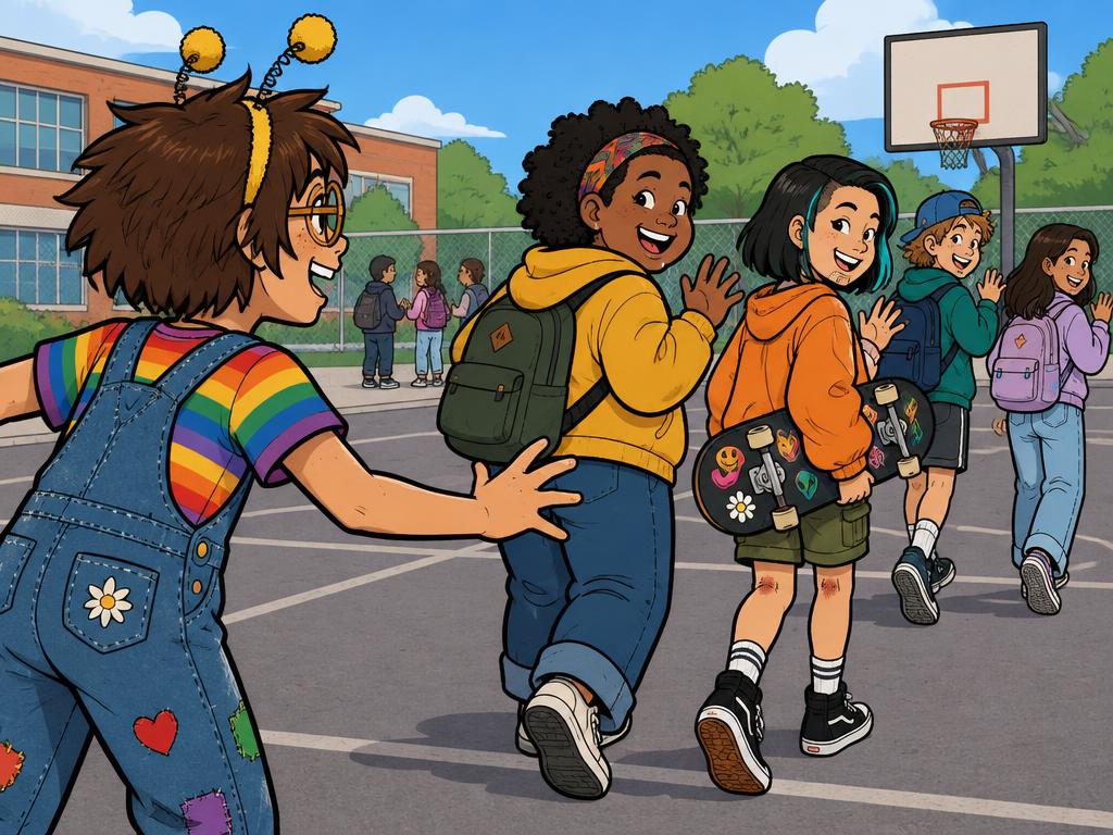 Nia and Junie waving as they head off across the blacktop toward the basketball hoop with other kids, Azalea reaching after them