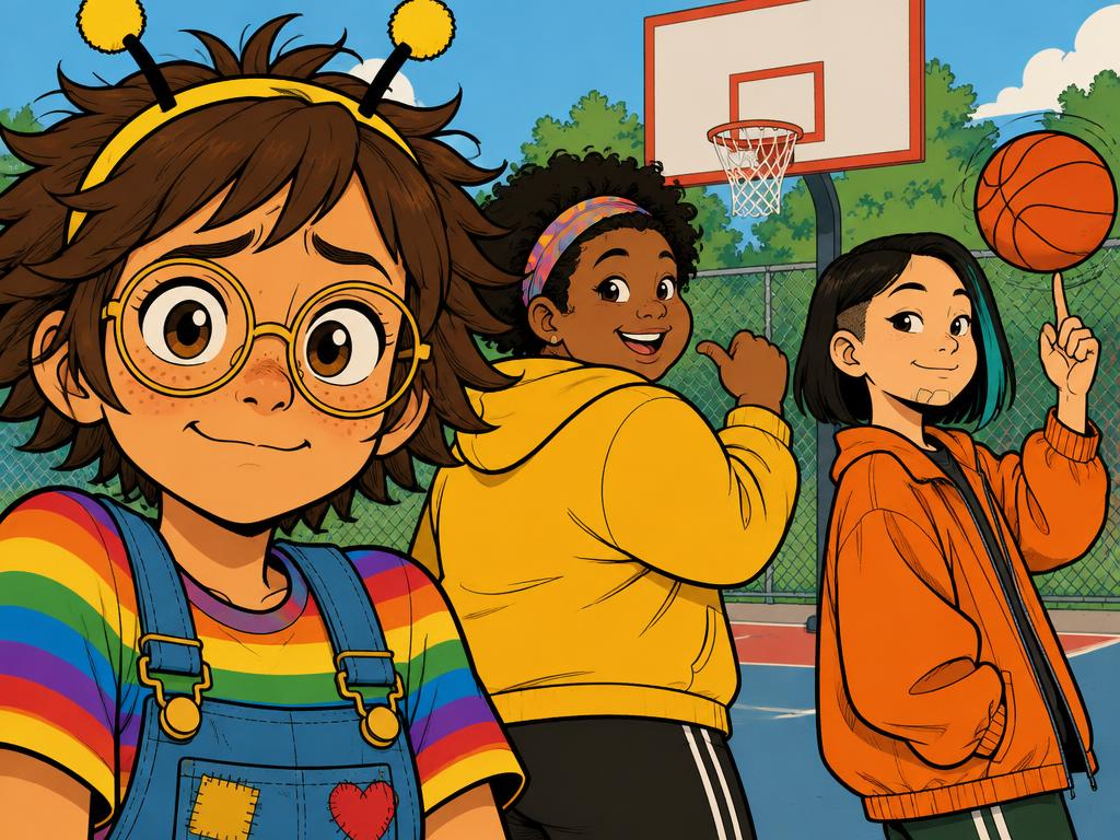 Close view of Azalea in bee antennae in the foreground watching Nia and Junie jog off toward the basketball court, ball spinning on Junie's finger