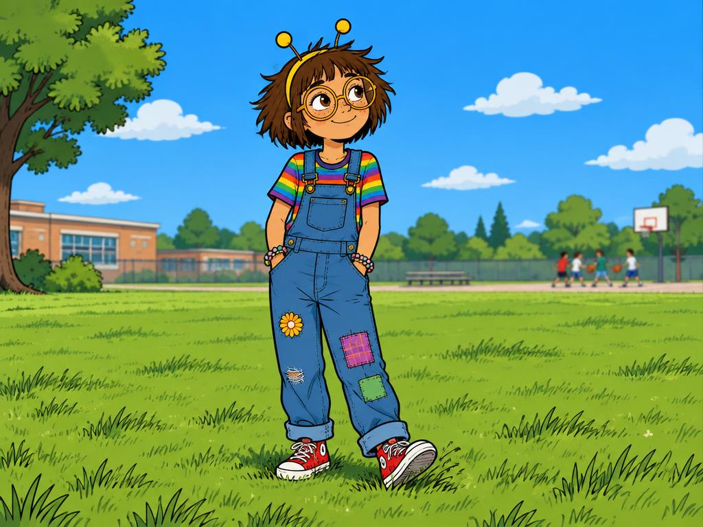 Azalea standing alone in the middle of the big grassy field beside the school with her hands in her overall pockets, small satisfied smile