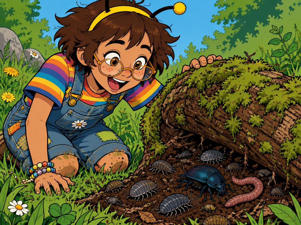 Azalea kneeling in the grass with a mossy log tipped up, pill bugs and a shiny beetle and a worm in the dirt underneath