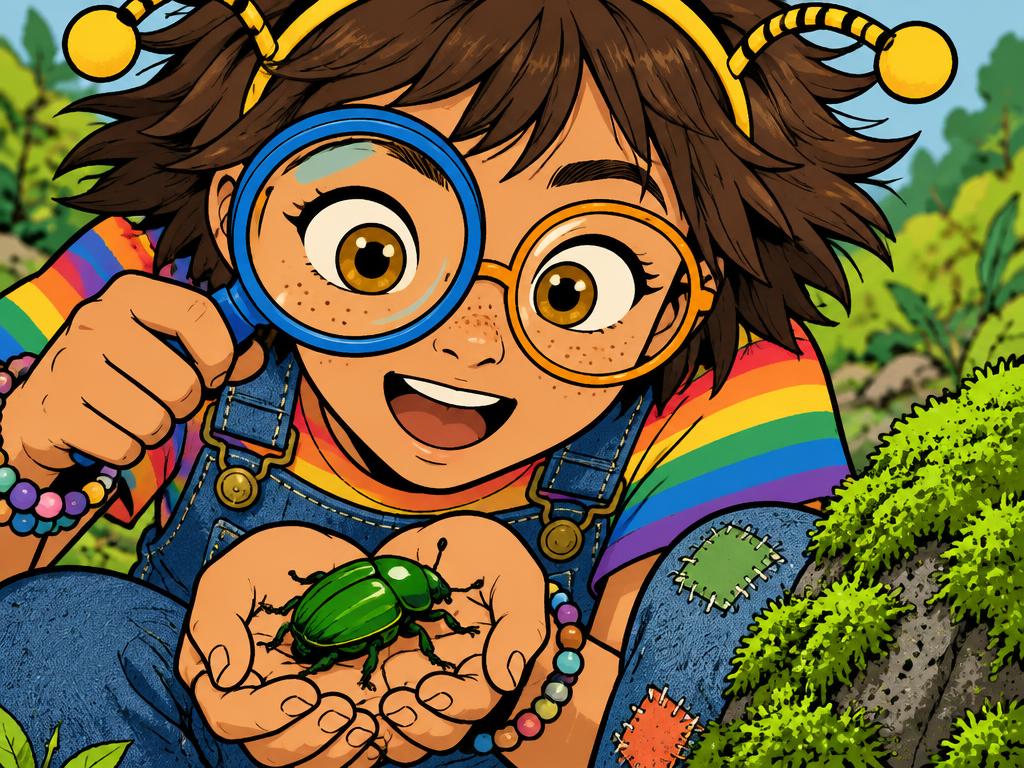 Extreme close-up of Azalea holding a magnifying glass to one eye, a bright green beetle sitting in her cupped palm