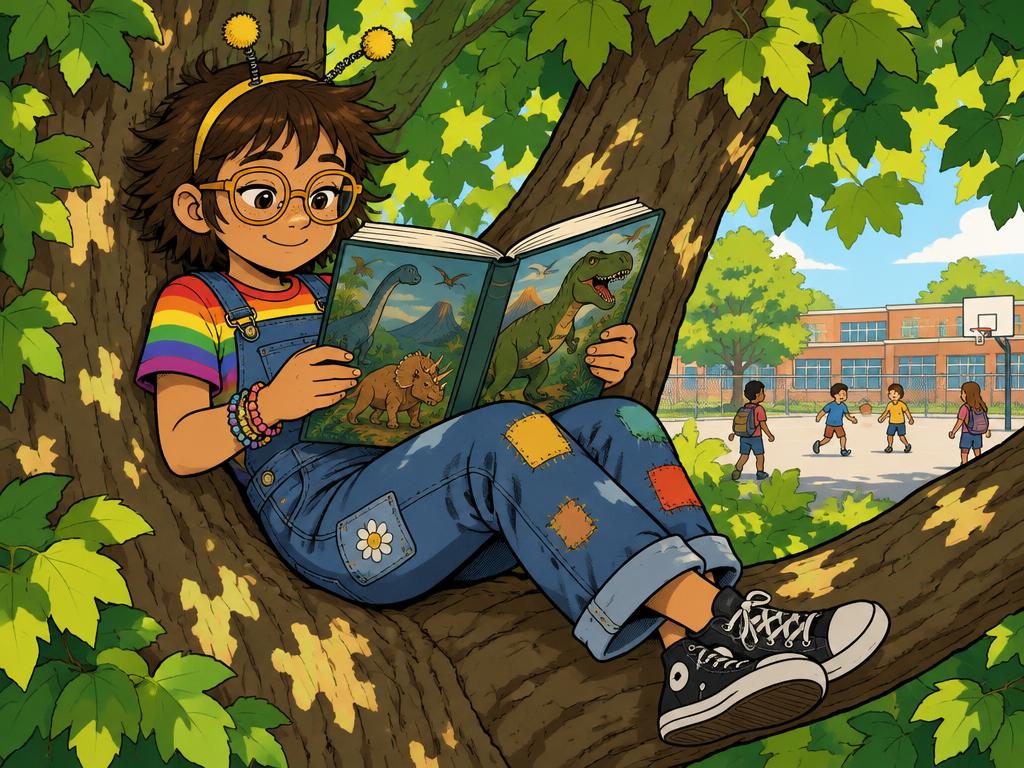Azalea lounging in the crook of a big tree reading a dinosaur book, the basketball game going on far behind her