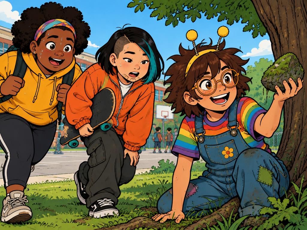 Nia and Junie running up out of breath to the tree where Azalea is crouched, Azalea holding up a chunk of moss like treasure