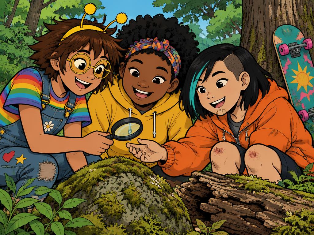 All three girls crouched shoulder to shoulder over the mossy log passing the magnifying glass between them