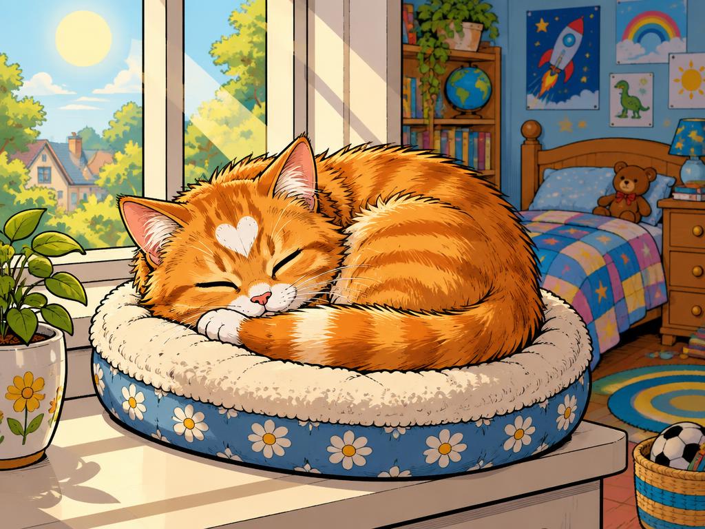 Lucy the orange tabby asleep on a sunny windowsill cushion