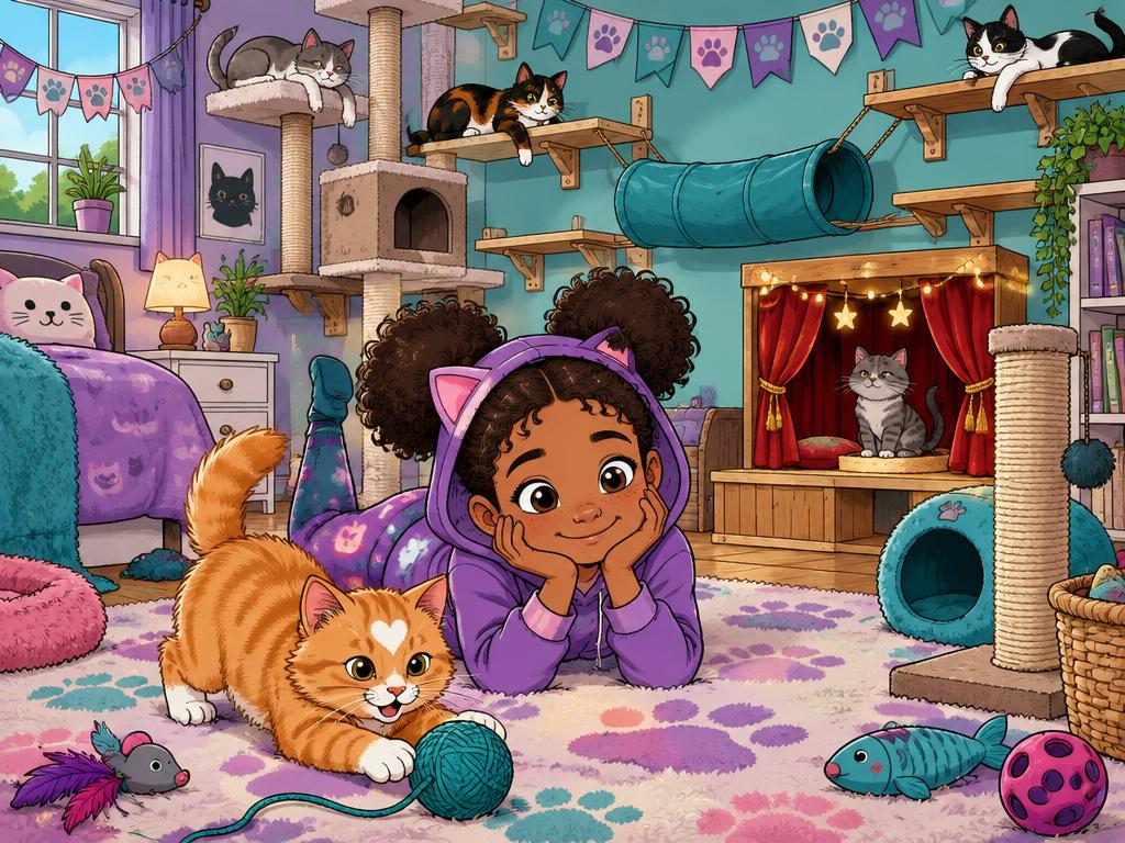 Marisha's bedroom set up as a cat paradise with towers, tunnels and a tiny stage