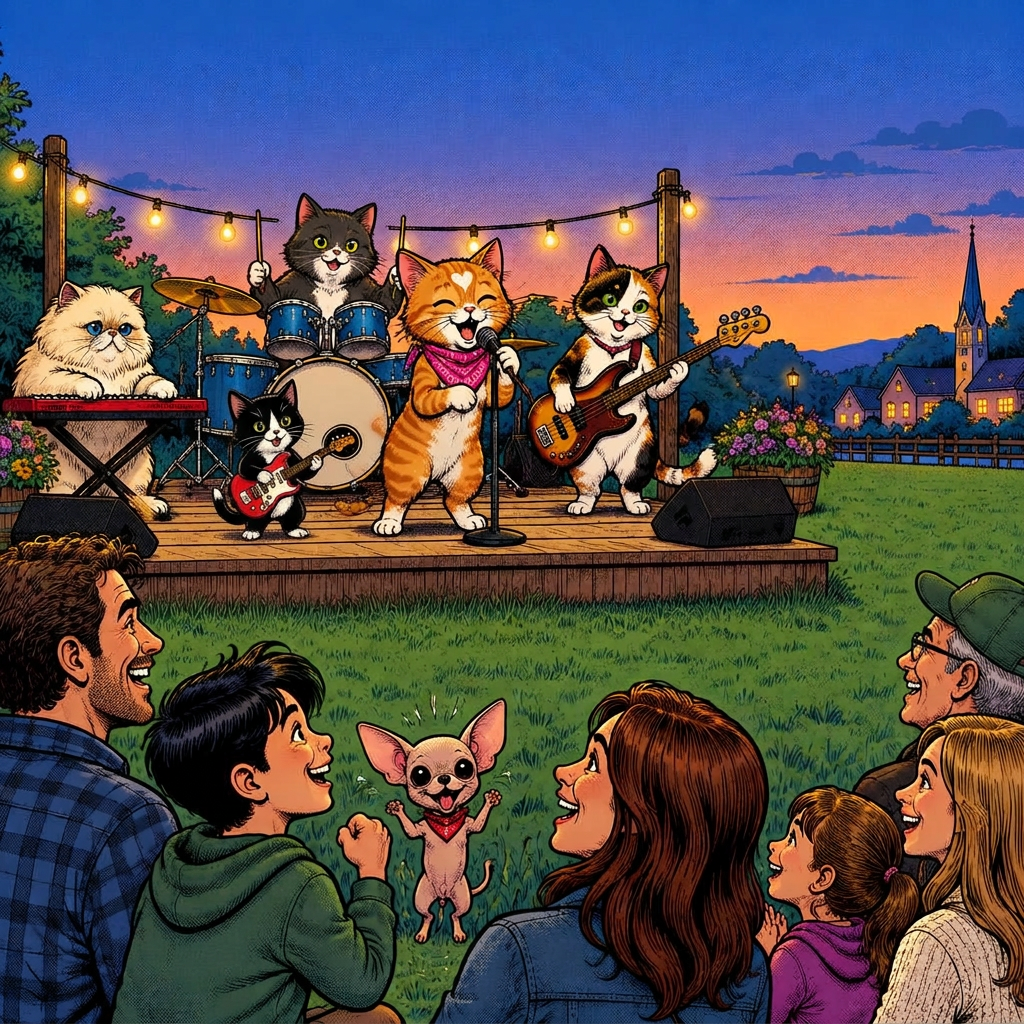 The band playing a small evening concert in Marien with Burrito, Leo and his family in the front row