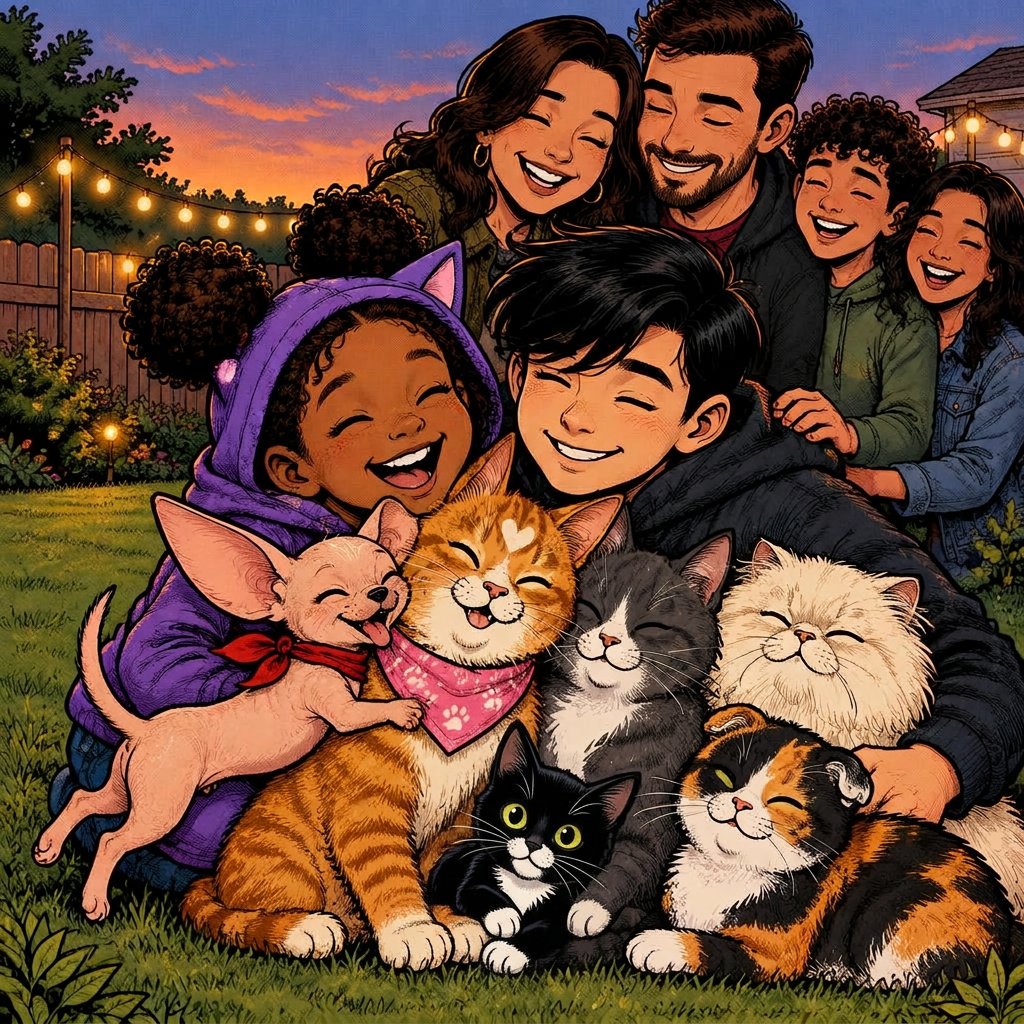 A big group hug between Burrito, the cats, Marisha, Leo and his family