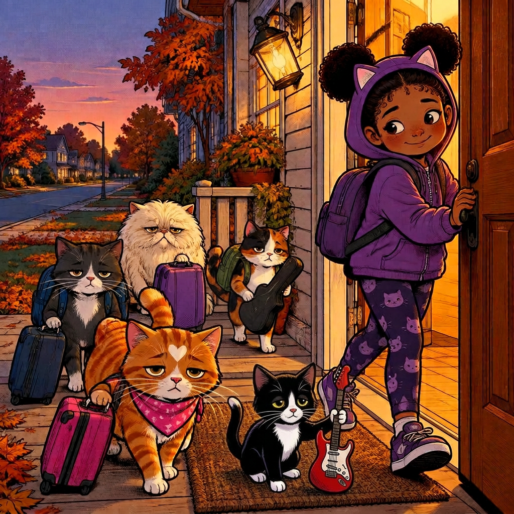 Marisha opening the front door of her house at dusk with the five tired band cats and their luggage behind her, Pip holding his little red guitar on the doormat