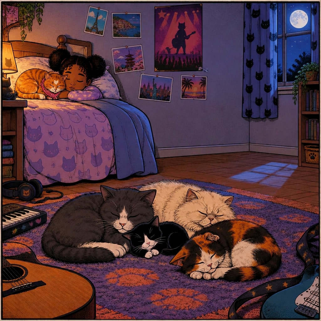 The cat club bedroom at night with all five cats and Marisha asleep, tour postcards on the wall