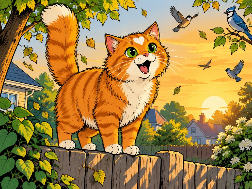 Lucy calling out from the top of a backyard fence at sunset