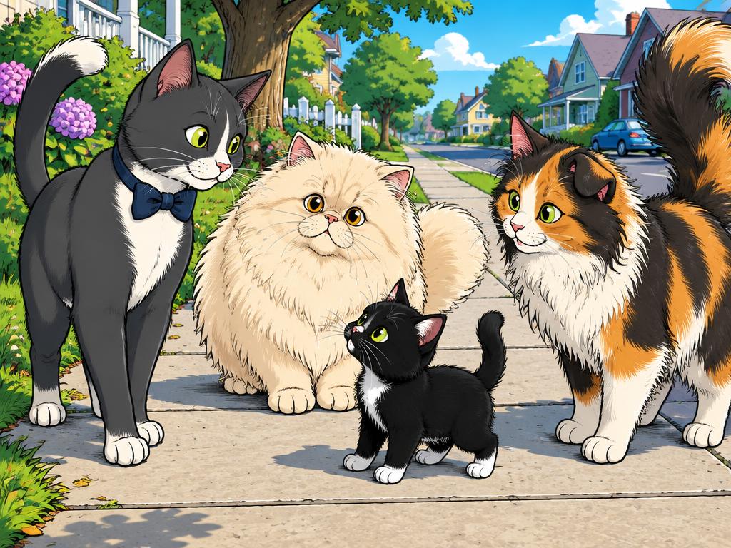 Four neighborhood cats meeting on the sidewalk