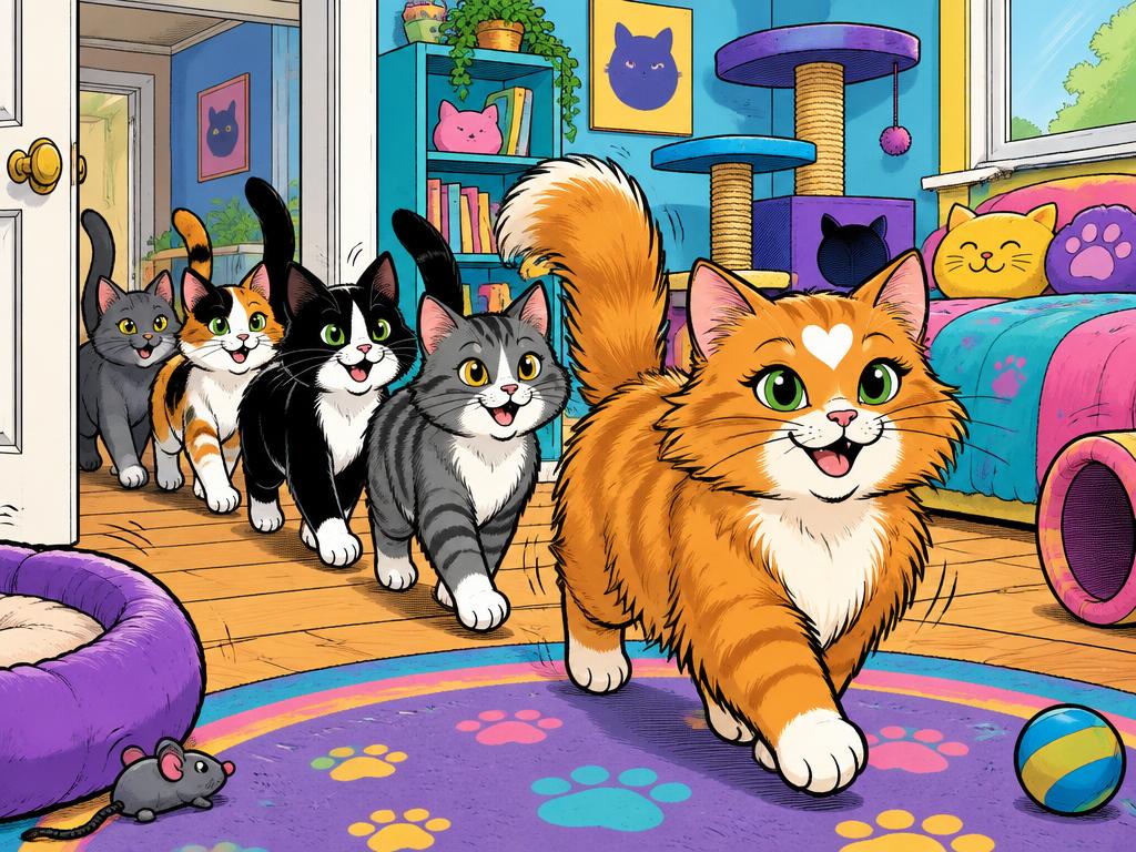 Five cats parading into the colorful cat clubhouse bedroom
