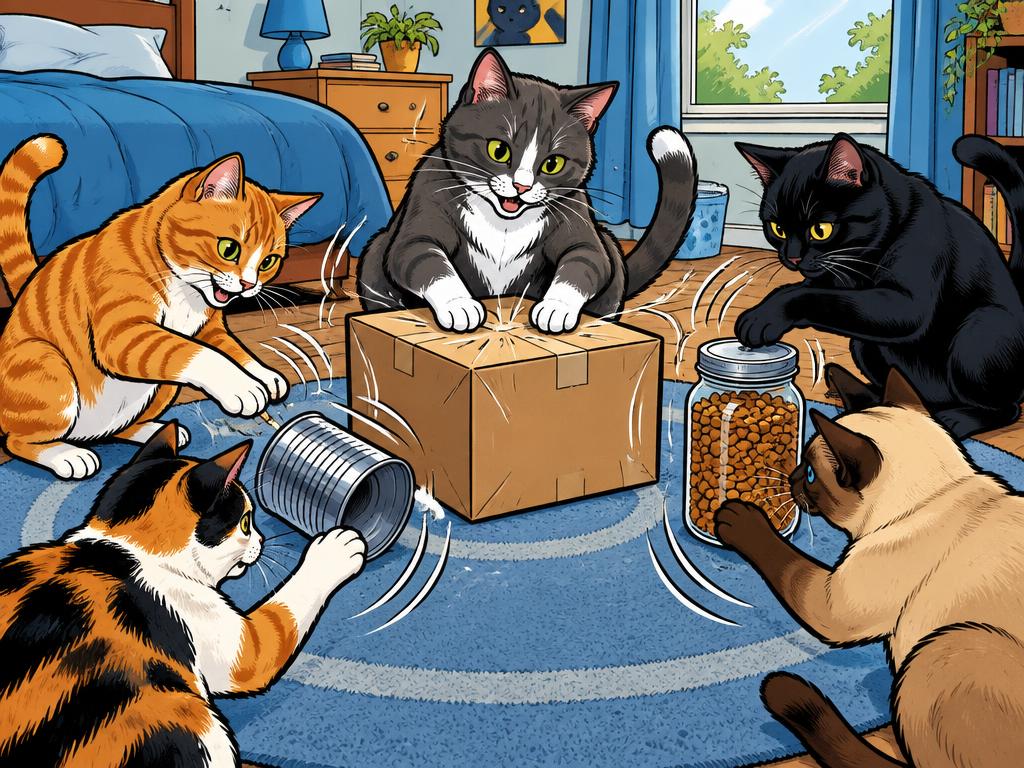Five cats batting a tin can, a box and a food jar to make rhythm