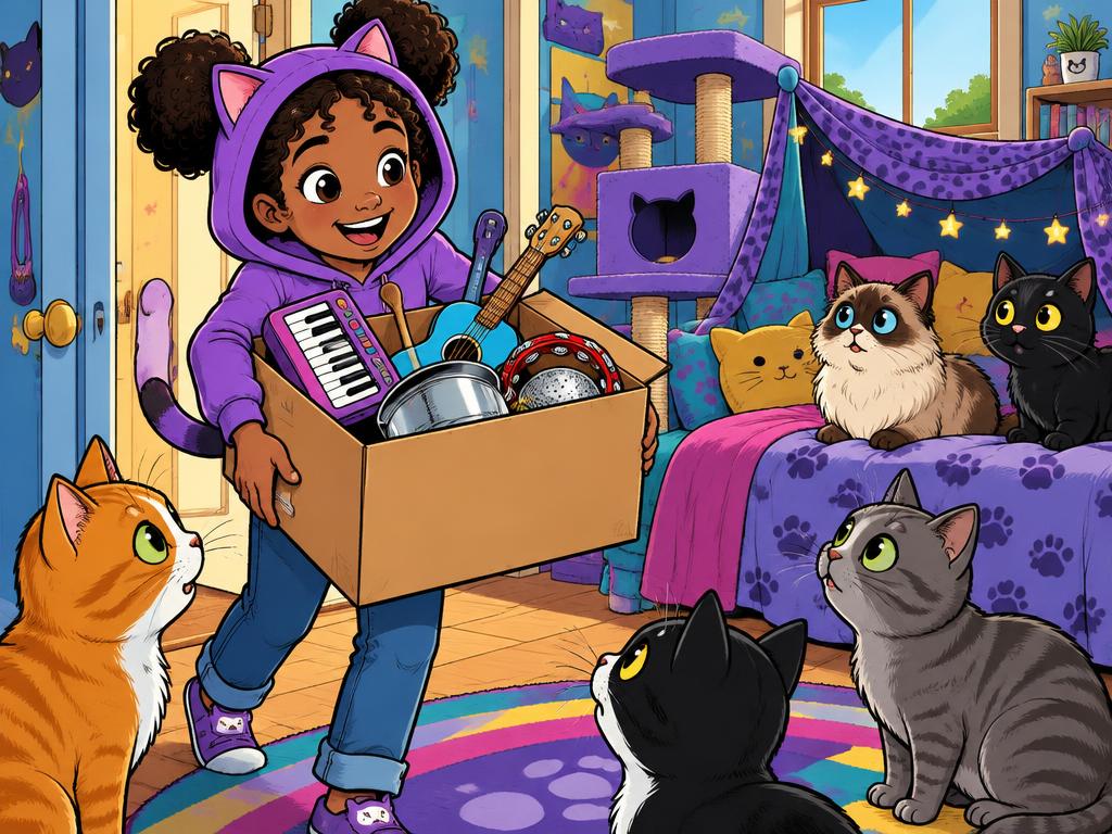 Marisha carrying a box of toy instruments into the cat clubhouse